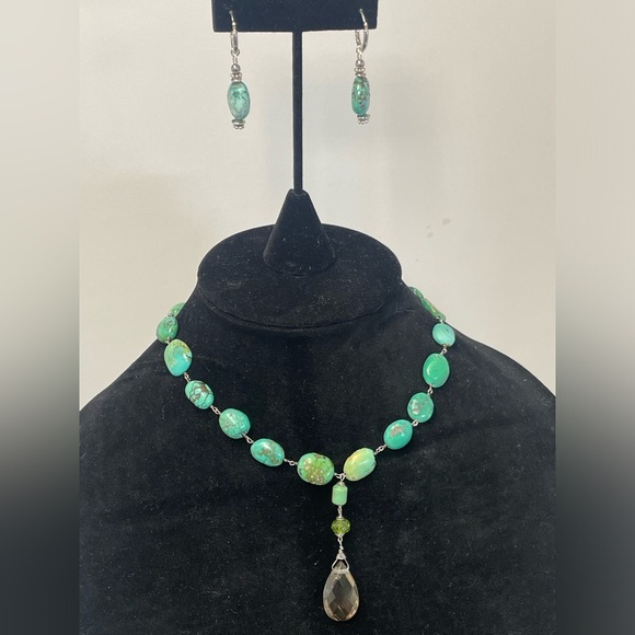 Vintage Sterling Silver, Blue Beads and Smoky Quartz necklace and earrings - Picture 1 of 9